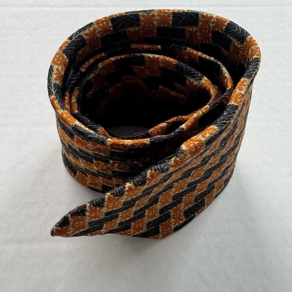 Ermenegildo Zegna Tie Men's Orange Black Houndstooth 100% Silk Made Italy